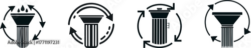 Four icons depicting a column with different cycle symbols, representing processes like recycling, transformation, or fluid dynamics.