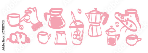 Collection of illustrated pink coffee and beverage making equipment and containers in a stylized drawing