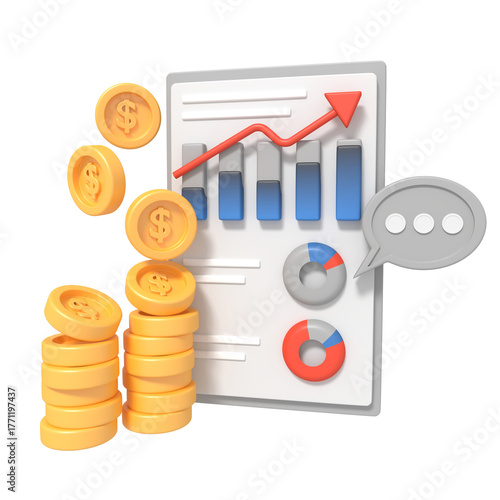 3D Rendering of Financial Growth Chart and Coins