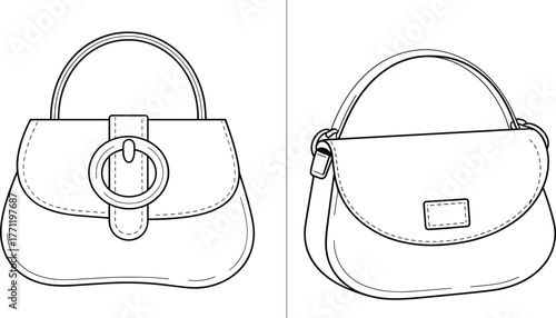 Women's handbag technical sketch, buckle and flap closure designs, top handle purses, bag template set, fashion flat drawing, vector illustration, CAD sketch