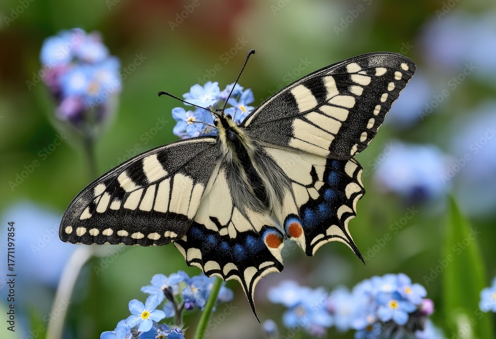 Fototapeta premium A beautiful, intricately patterned butterfly resting on delicate blue wildflowers in its natural habitat