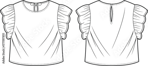 Women's top fashion sketch, front and back view, ruffle sleeve blouse, garment design template, apparel flat drawing, vector illustration, CAD drawing