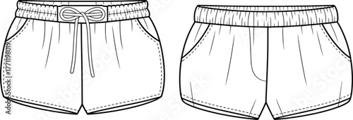 Women's shorts fashion sketch, front view comparison, drawstring and elastic waistband styles, pocket detail, garment template, fashion flat drawing, vector illustration, CAD drawing