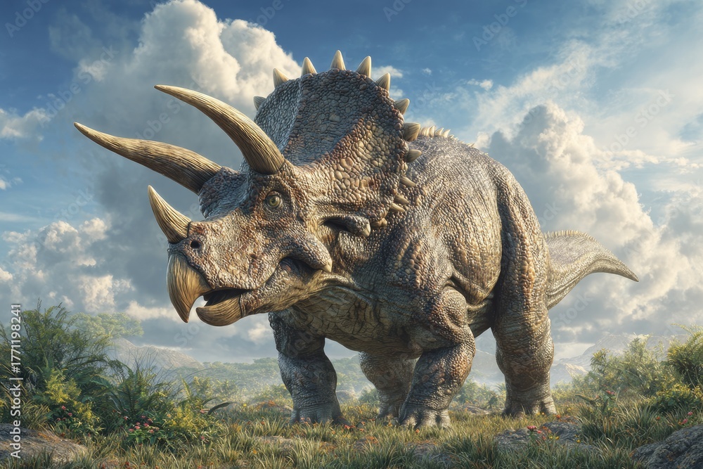 Fototapeta premium Realistic depiction of a Triceratops grazing in a field beneath a cloudy, bright sky