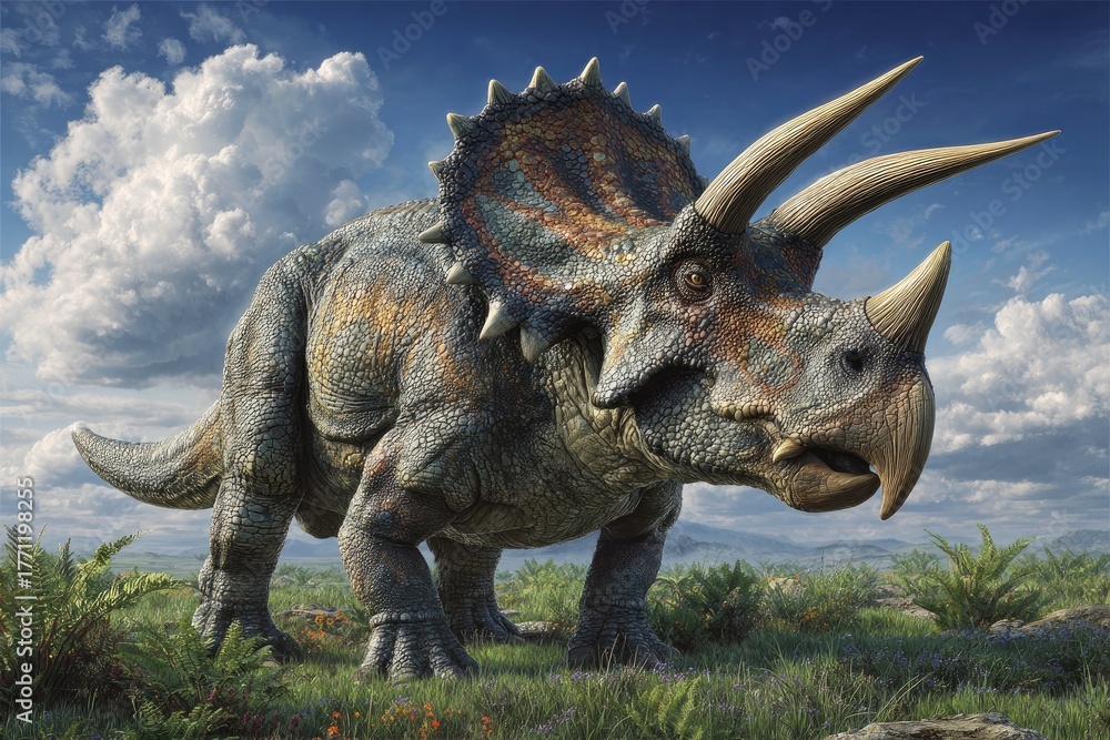 Fototapeta premium A detailed illustration shows a horned, armored herbivore from the prehistoric era, standing in landscape