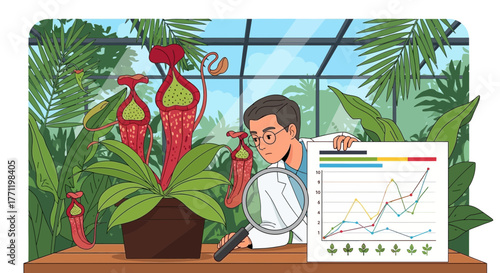 Illustration showcasing botany scientist examining carnivorous plants growth rate