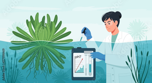 Aquatic botanist evaluates water quality using laboratory tools and equipment