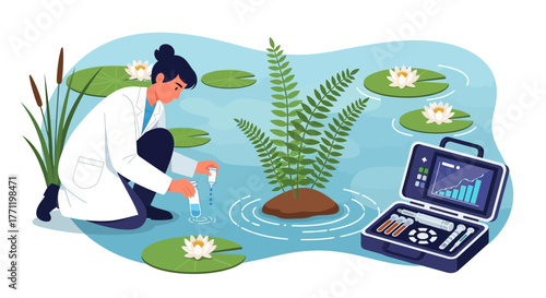 Scientist conducting water quality testing in a natural pond environment