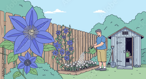 A tranquil garden scene depicting a man watering flowers near a quaint shed