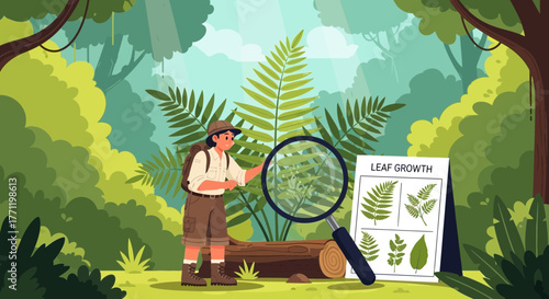 Botanical Researcher Examining Leaf Structures within Verdant Forest Setting