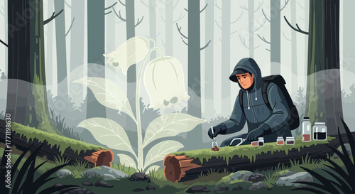 Botanical researcher extracting essence of spectral flora in misty woodland