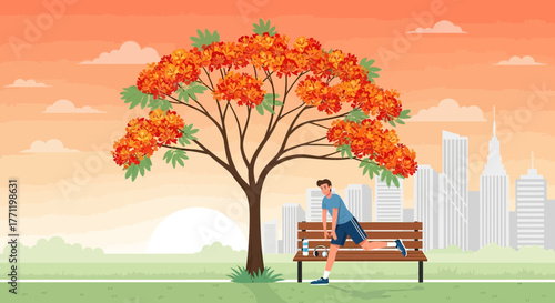 Morning Stretch in Urban Park: Man Warming Up Beside a Vibrant Royal Poinciana Tree
