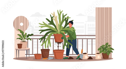 Balcony Gardening Enthusiast Repotting Staghorn Fern in Urban Apartment Setting