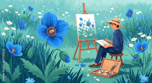 A painter captures the serene beauty of a field of vibrant blue poppies