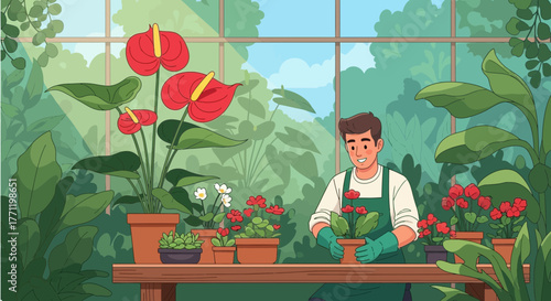 Smiling man tending to vibrant potted plants in a serene greenhouse setting