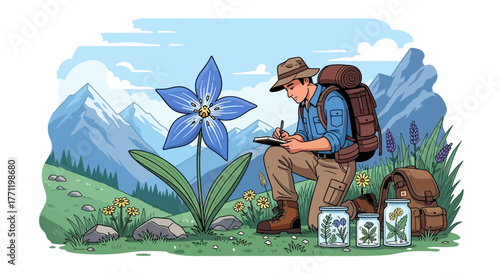 A botanist documenting a blue flower in a mountainous landscape illustration