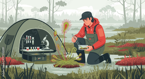 Illustrated botanist examining sundew plants in a wetland research environment