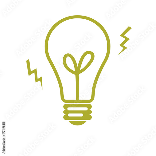 Minimalist green light bulb icon with glowing effect, symbol of creativity and bright ideas. Simple pastel line art on white background