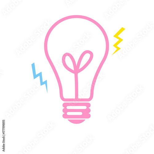 Cute pink light bulb icon with soft pastel lines and tiny spark effects, representing inspiration and positive thinking.