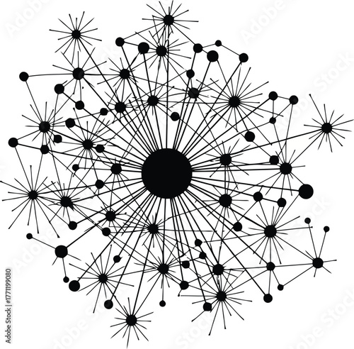 Black abstract dandelion seed head with connecting lines and dots 1