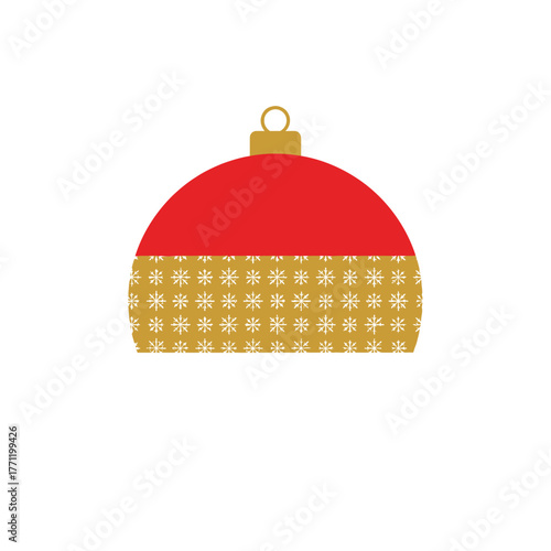 Christmas bauble ornament with red top and golden snowflake pattern bottom, festive holiday decoration