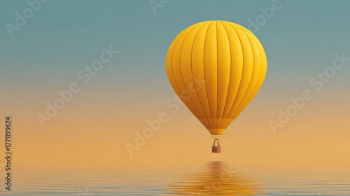 Wallpaper Mural A Bright Yellow Hot Air Balloon Floating Above Tranquil Water in a Serene Dawn Sky with Soft Hues of Blue and Orange, Creating a Peaceful and Dreamy Atmosphere Torontodigital.ca