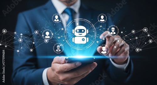 Businessman holding a smartphone with an AI chatbot icon connecting a network of customers for support