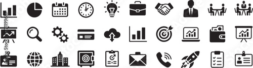 Business and Technology Icons Set – Black and White Vector for Office, Finance, and Startup Concepts