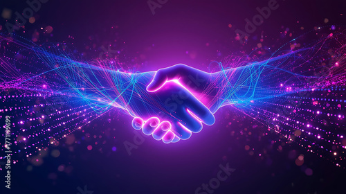 Digital handshake illustration representing collaboration partnership and the future of business with vibrant neon glow effects