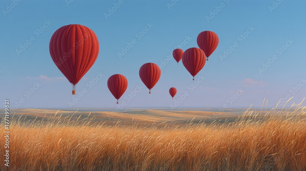 Fototapeta premium A Scenic View of Red Hot Air Balloons Gliding Over Rolling Golden Fields Under a Clear Blue Sky During a Serene Summer Morning Adventure
