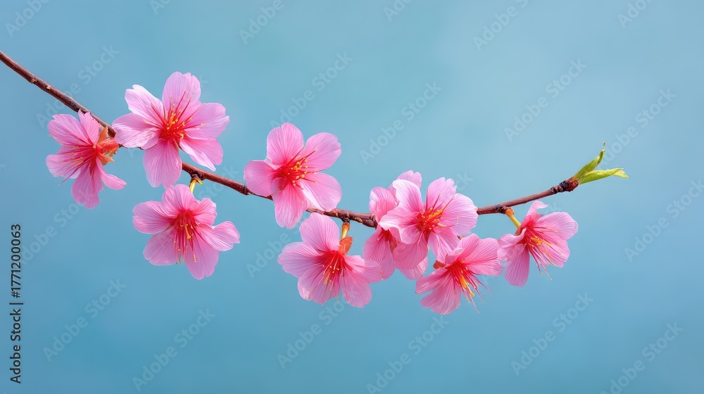 Obraz premium Delicate Cherry Blossom Branch with Vibrant Pink Flowers Against a Soft Blue Background, Perfect for Celebrating Spring and Nature's Beauty in Floral Designs
