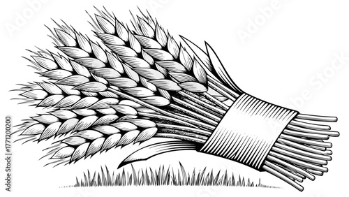 Bountiful harvest illustration of wheat sheaves tied together, perfect for autumn themes, rustic designs, and agricultural projects, originally vector graphics