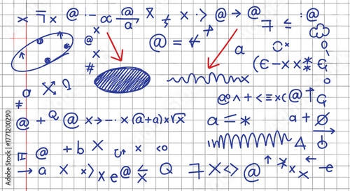Abstract math symbols, grid paper sketch, blue ink drawing, conceptual equations, Greek letters, arrows, visual logic, educational vector art