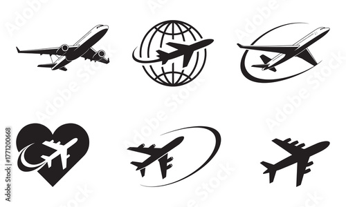 Collection of six stylized black airplane icons representing travel and aviation concepts with a distressed grunge texture for a vintage feel