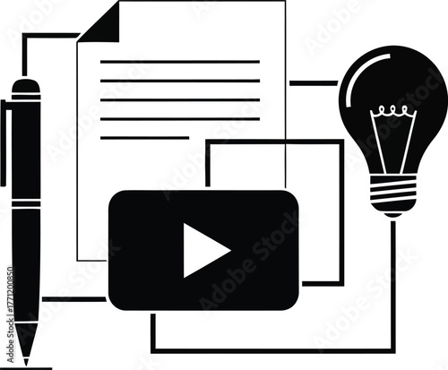 Black and white concept illustration of content creation featuring a pen document video play button and light bulb design