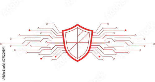 Red shield with circuit board pattern a illustration for cybersecurity data protection and network security concepts