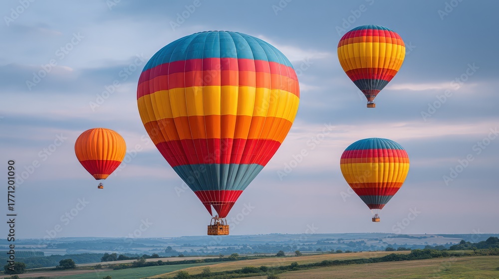 Fototapeta premium Colorful Hot Air Balloons in a Clear Blue Sky Over a Scenic Landscape During Sunrise with Gentle Cloud Cover and Rolling Hills in the Background