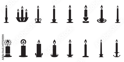 Collection of silhouette candle icons and illustrations featuring various styles of candles in different holders and sizes on white background