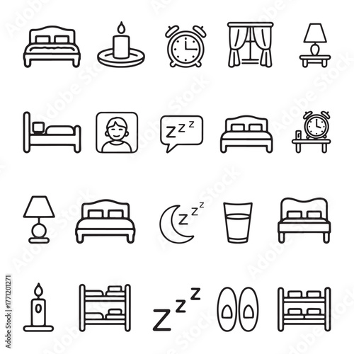 Collection of simple line art icons representing sleep and bedroom elements including beds alarm clocks candles and curtains for rest and relaxation concepts