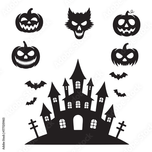 Spooky halloween silhouette collection featuring a haunted castle grinning jack o lanterns a menacing wolf head and flying bats against a white background