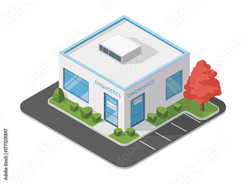 Isometric medical center facility, contemporary healthcare clinic, landscaped parking, glass entrance, outpatient services building, clean professional vector