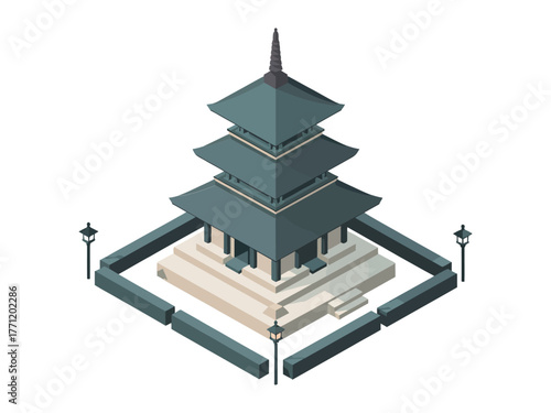 Dark roof pagoda, tiered temple with surrounding walkway posts, steps and railings, historic landmark, isometric cultural vector
