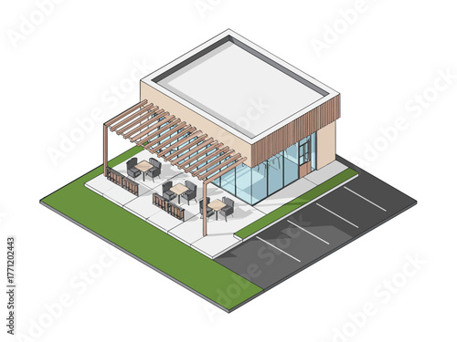 Small urban cafe with terrace, isometric restaurant architecture, parking lot and shrubs, minimalist storefront exterior, clean vector graphic