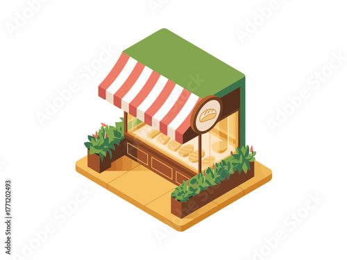 Wooden street cafe booth, striped awning shade, greenery planters, rustic snack bar, outdoor service counter, charming isometric illustration