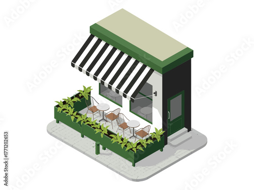 Monochrome awning cafe exterior, cozy terrace with railing, plants along ledge, modern street restaurant, isometric architectural vector