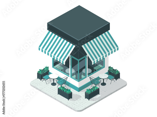 Hexagonal cafe kiosk, turquoise striped awnings, windows all around, planters at corners, compact pavilion shop, isometric vector graphic