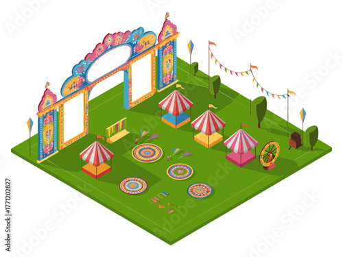 Isometric festival fairground, entrance arch with flags, tents and trees, game targets on grass, colorful carnival scene, vector