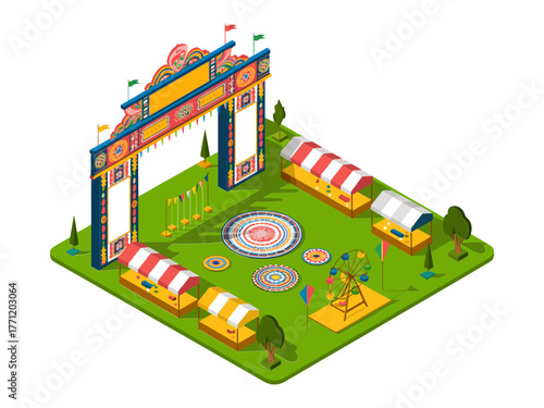 Carnival park layout, welcoming gate structure, striped booths and tents, paths with greenery, festive amusement ground, isometric vector