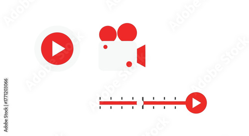Set of red video player icons simple flat design elements for web and mobile apps isolated on white background