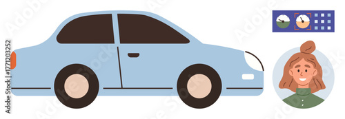 Blue compact car alongside dashboard dials and calendar elements with woman avatar smiling. Ideal for mobility, driver profile, data analysis, navigation, safety, scheduling, and digital management